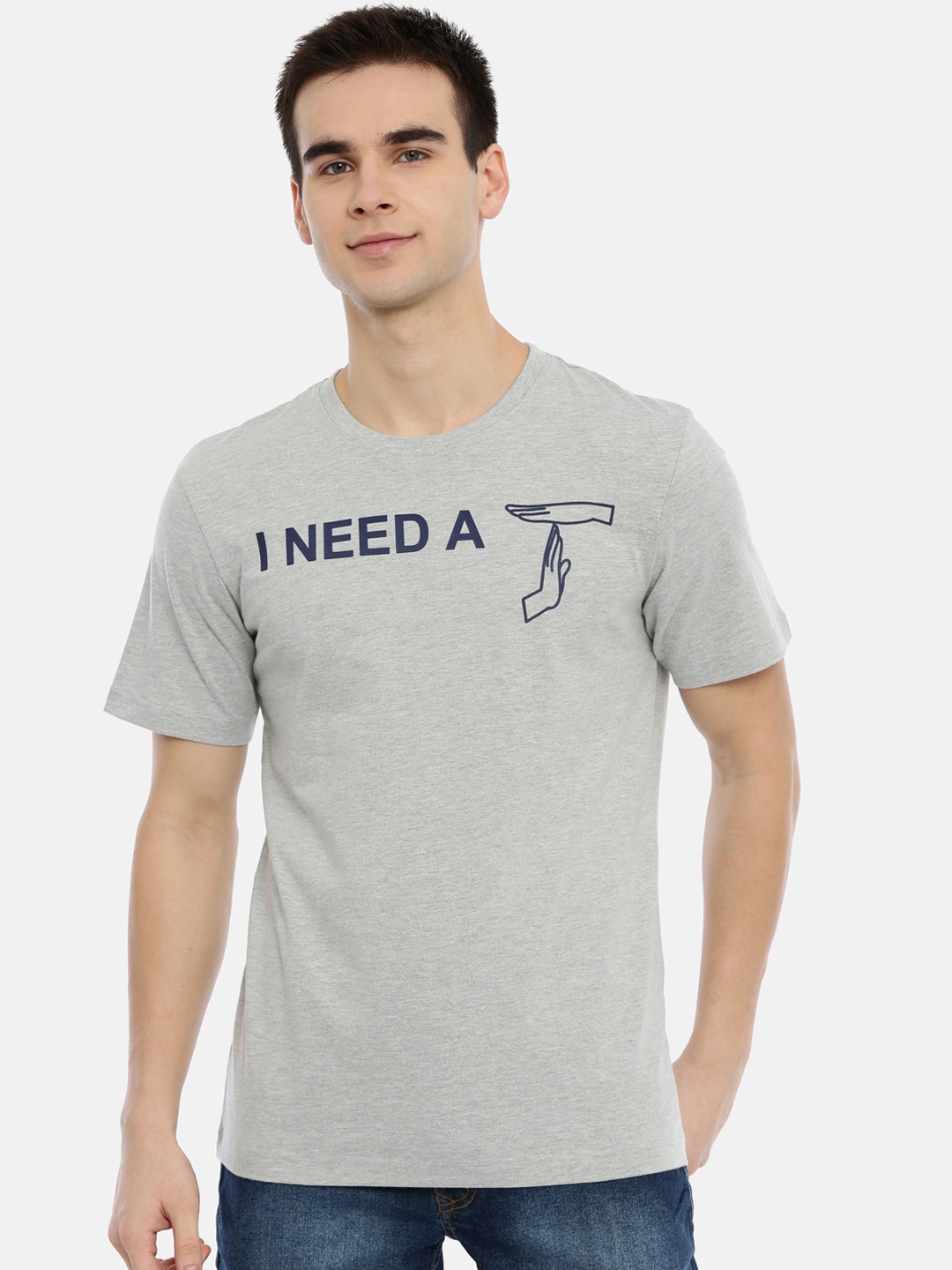 

3PIN Men Grey Printed Round Neck T-shirt