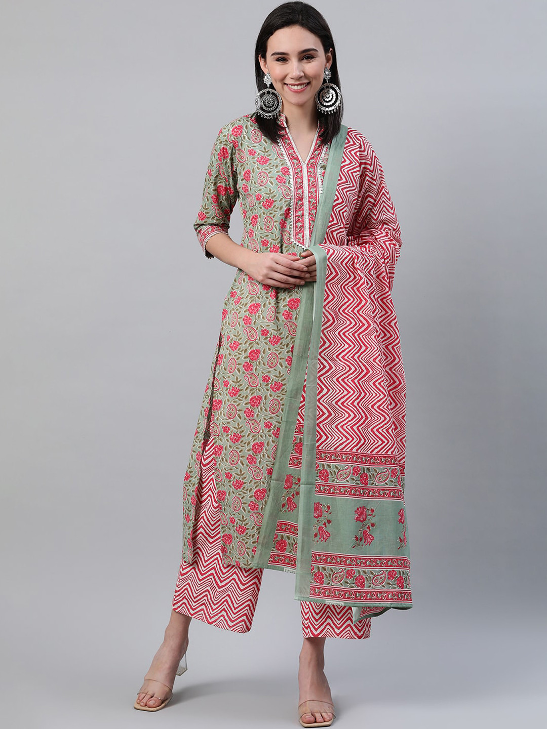 

Libas Women Green & Pink Printed Kurta with Palazzos & Dupatta