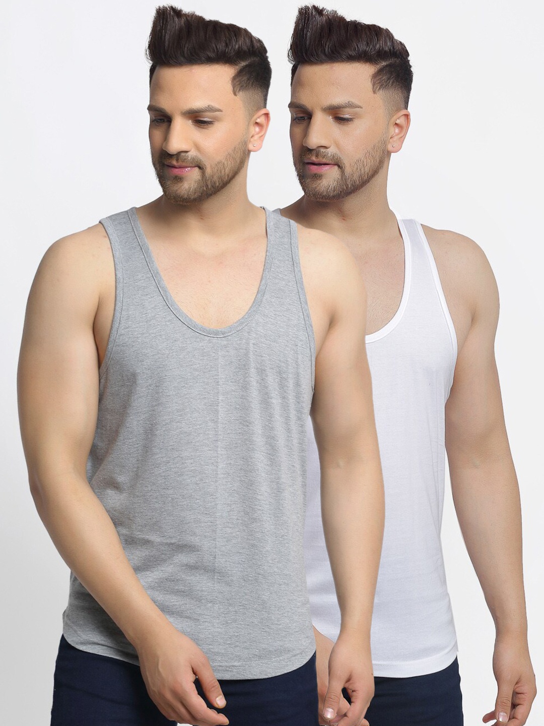 

Friskers Men Pack Of 2 White & Grey Solid Cotton Gym Vests