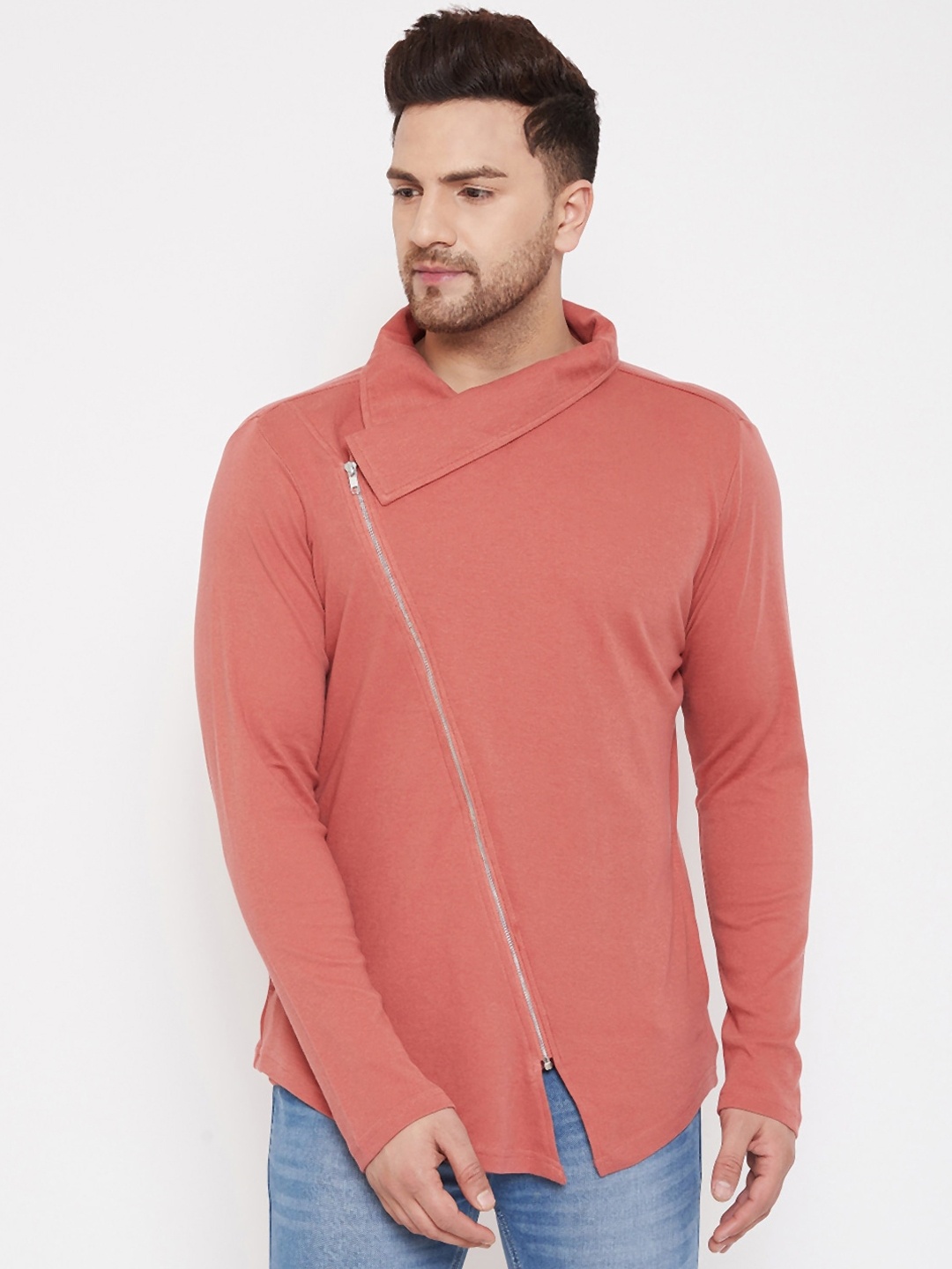 

Hypernation Men Rust Solid Cotton Knitted Side Zipper Pure Cotton T-shirt