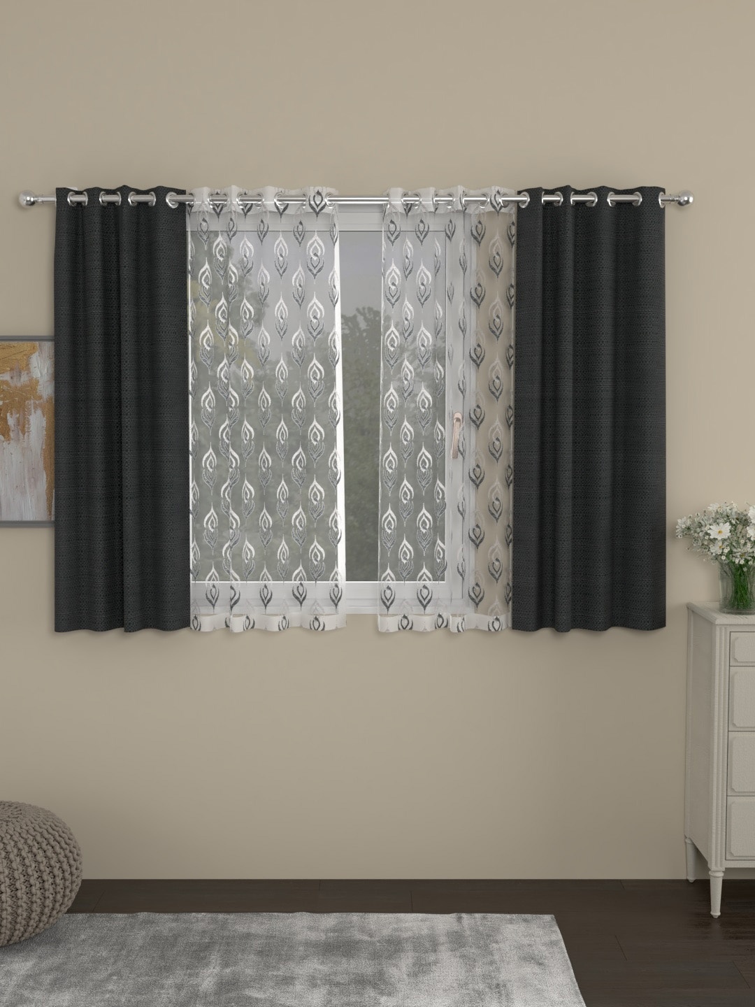 

ROSARA HOME Charcoal & White Set of 4 Regular & Sheer Window Curtains