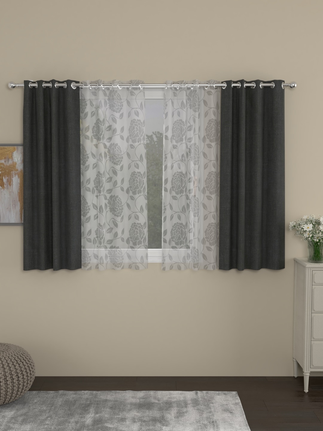 ROSARA HOME Grey & White Set of 4 Regular & Sheer Window Curtains