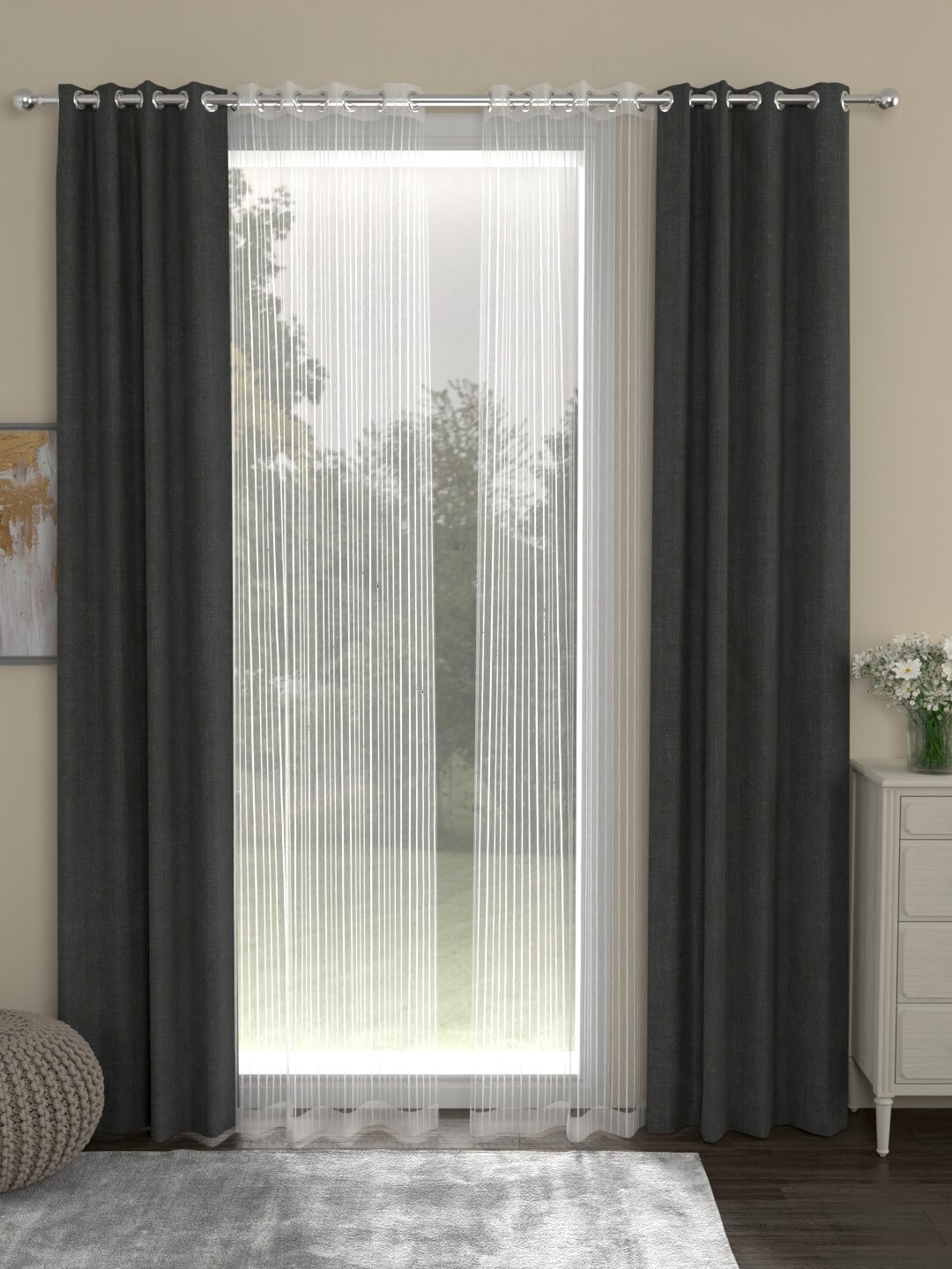 ROSARA HOME Grey & White Set of 4 Door Curtains