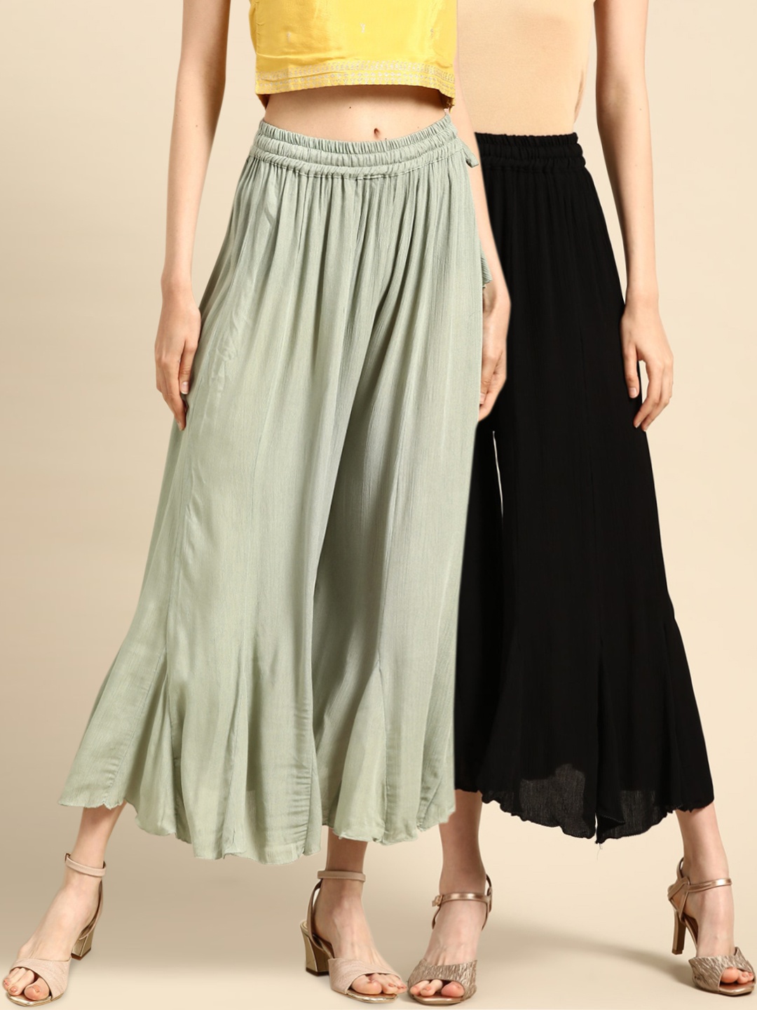 

TAG 7 Women Black & Lime Green Solid Flared Palazzos