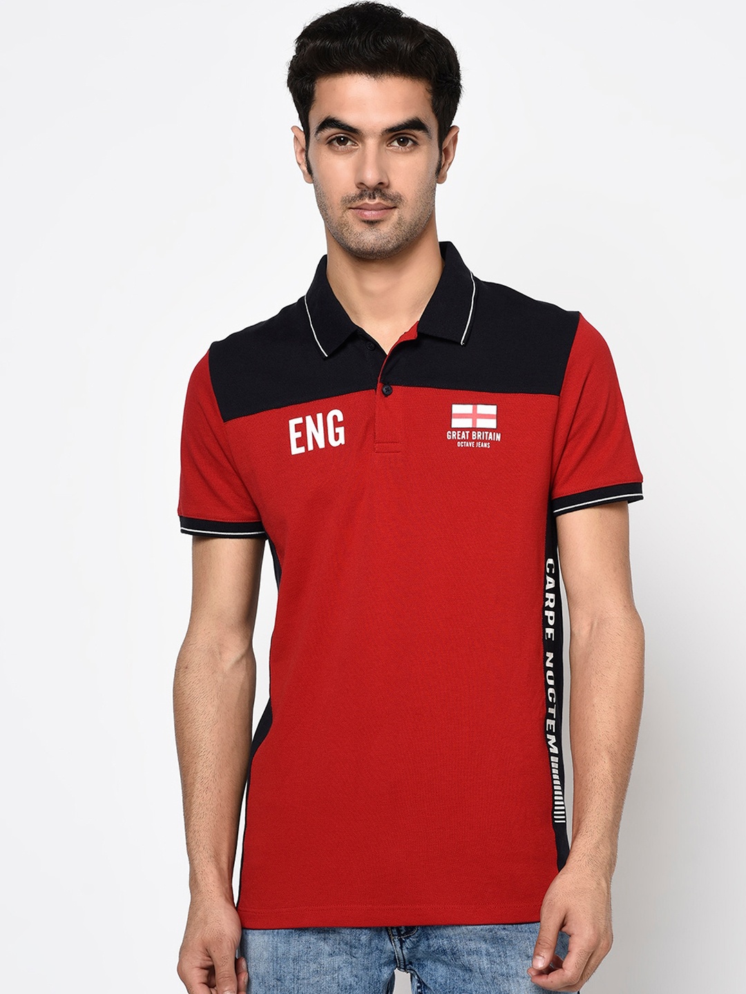 

Octave Men Red & Black Colourblocked Polo Collar T-shirt