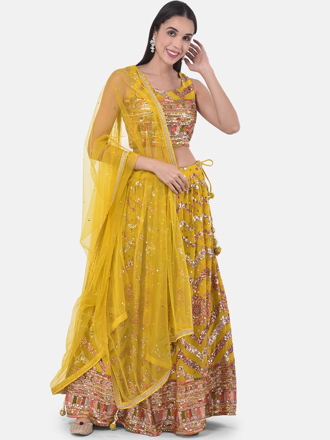 

Neerus Yellow & Green Embellished Ready to Wear Lehenga & Blouse with Dupatta