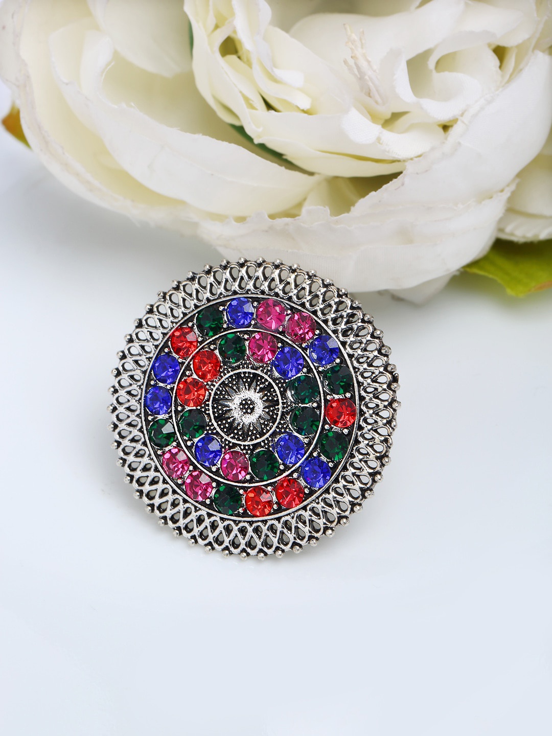 

YouBella Silver-Plated Blue & Red Stone-Studded Afghan Adjustable Finger Ring