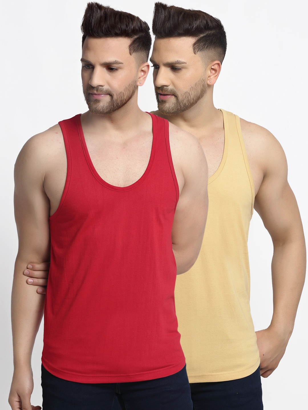 

Friskers Men Pack Of 2 Solid Gym Vests, Beige
