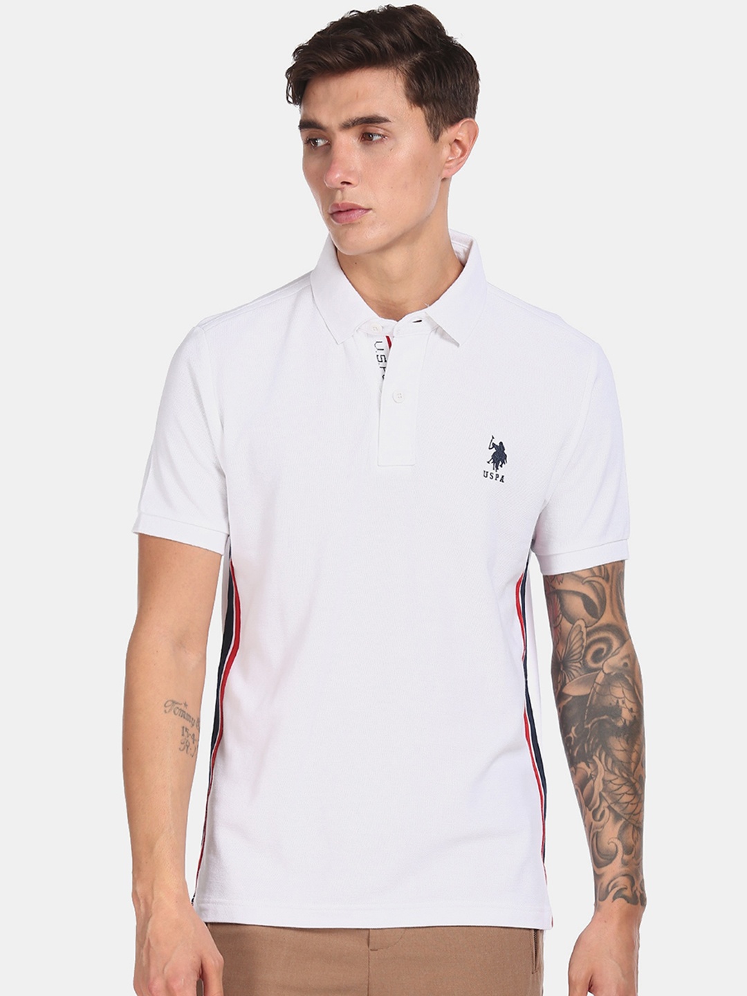 U.S. Polo Assn. Men White Solid Polo Collar Cotton Pure Cotton T-shirt