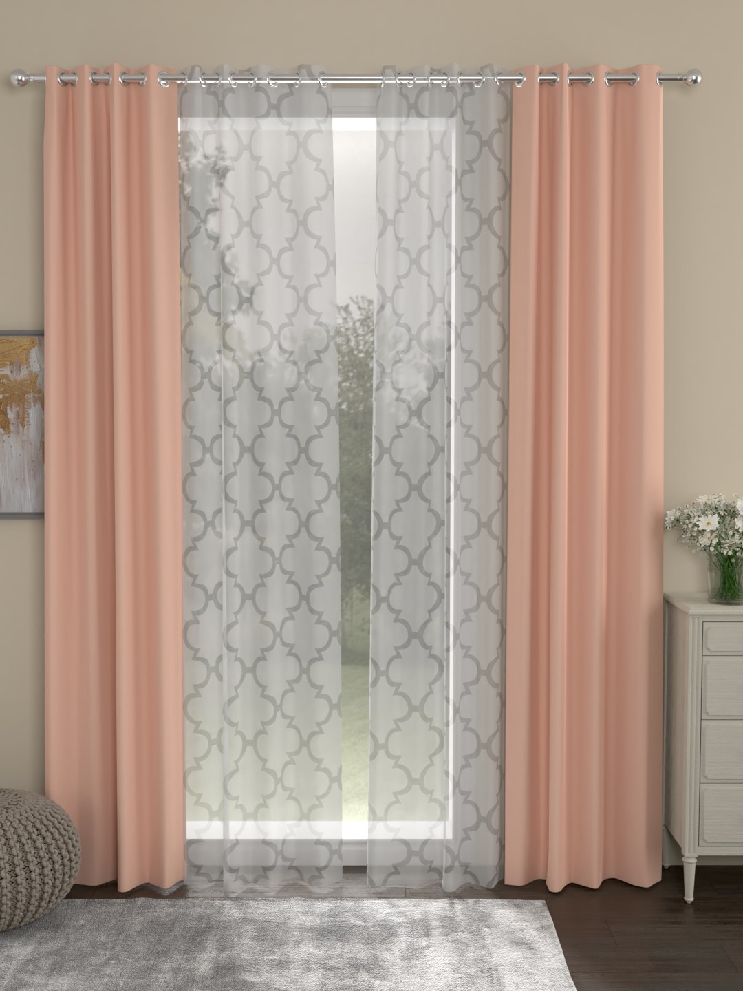 

ROSARA HOME Peach-Coloured & White Set of 4 Black Out Long Door Curtains