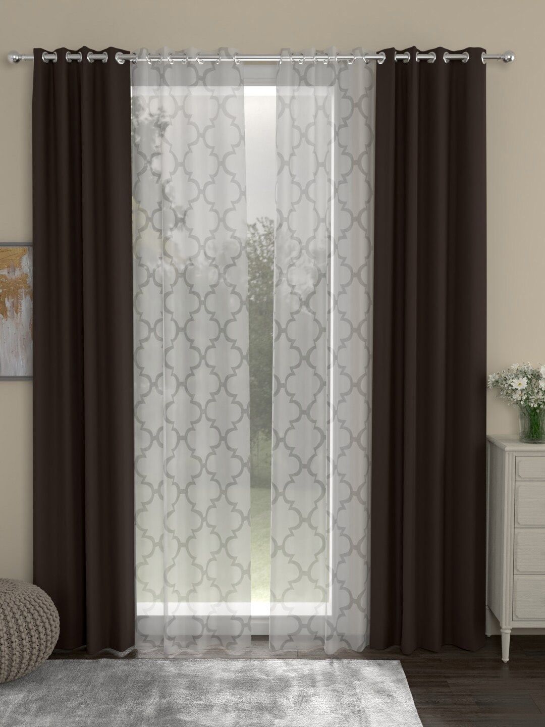 

ROSARA HOME Coffee Brown & White Set of 4 Black Out Long Door Curtains