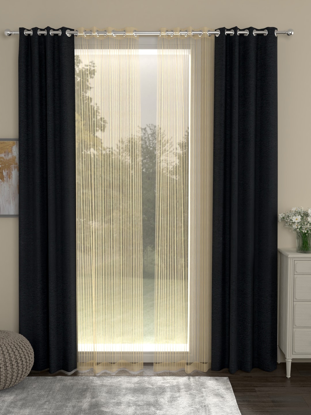 

ROSARA HOME Charcoal Grey & Gold-Toned Set of 4 Regular & Sheer Long Door Curtains