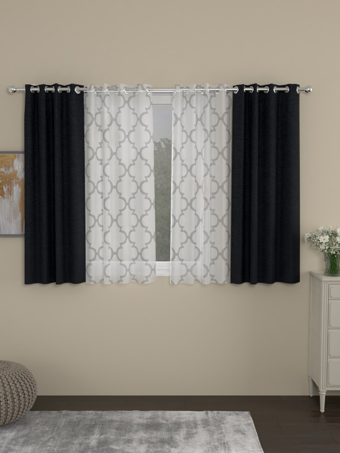 

ROSARA HOME Charcoal & White Set of 4 Window Curtains