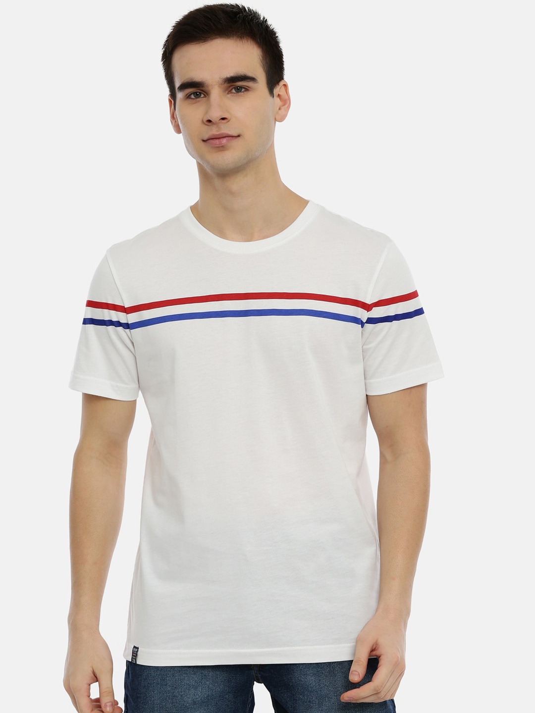 3PIN Men White Striped Round Neck T-shirt