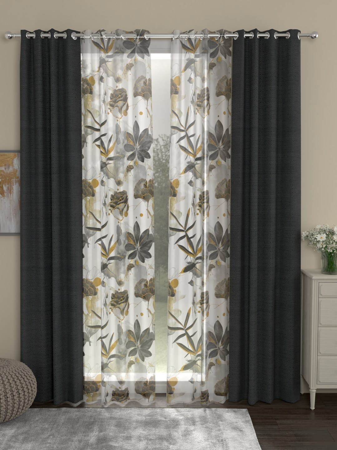 

ROSARA HOME Set Of 4 Grey & White Long Door Curtains