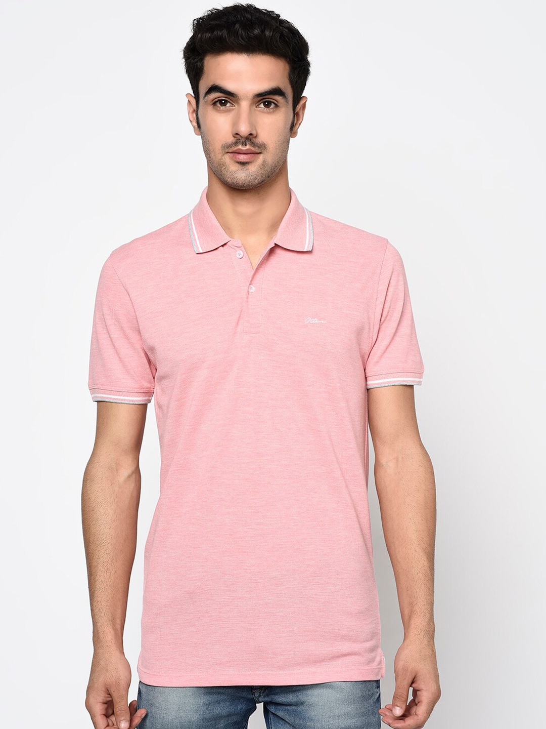 Octave Men Pink Melange Solid Polo Collar T-shirt