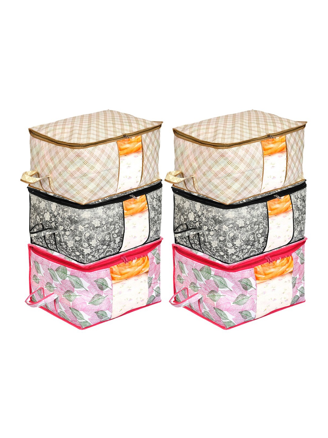 Kuber Industries Set 6 Pink & Black Metallic Printed Non-Woven Underbed Storage Bags