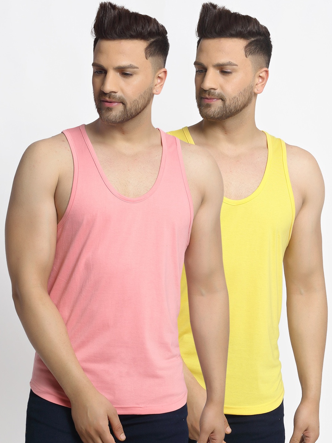 

Friskers Men Pack Of 2 Solid Apple Cut Gym Vests, Yellow