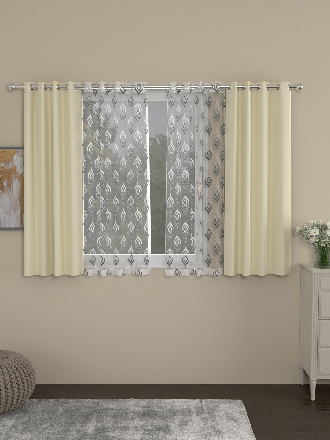 ROSARA HOME Set Of 4 Cream-Coloured & Transparent Black Out Window Curtains