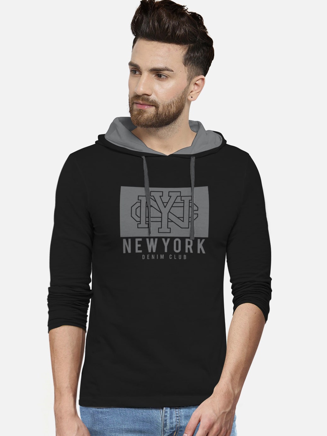 

BULLMER Men Black Self Design Hood T-shirt