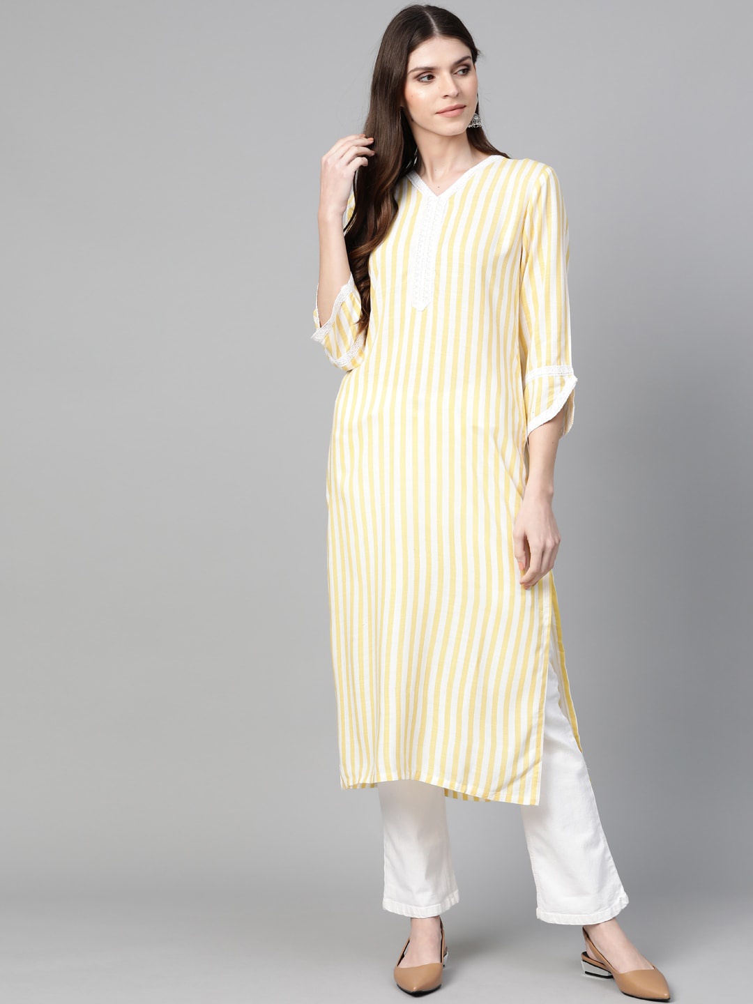 

Bhama Couture Women Mustard & White Striped Thread Work Kurta