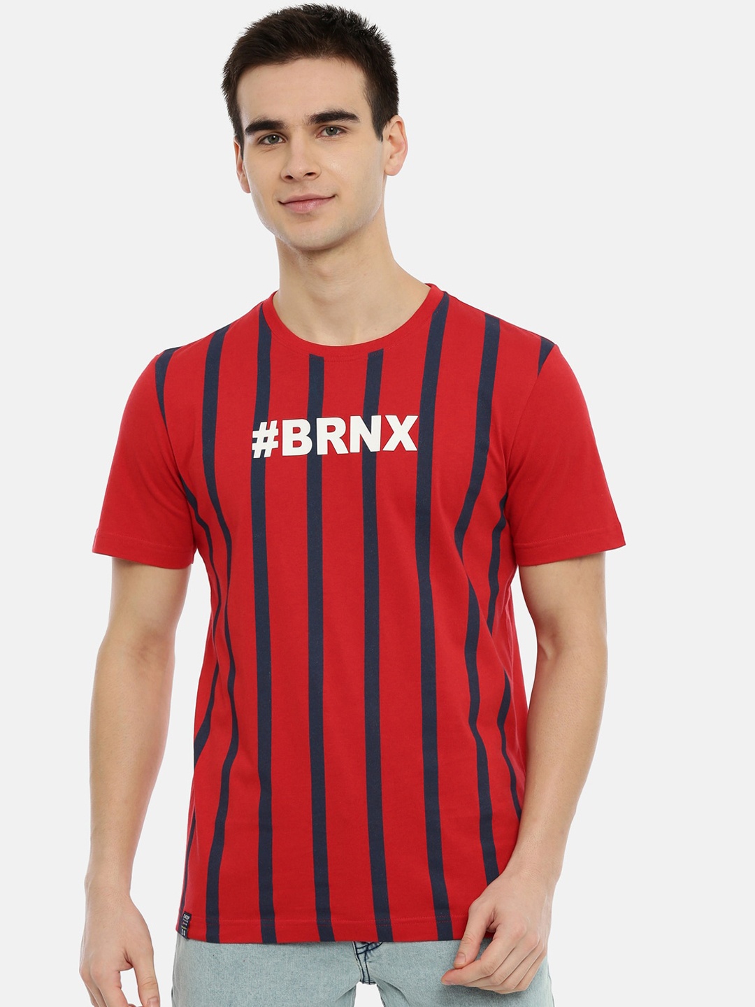 

3PIN Men Red Striped Round Neck Pure Cotton T-shirt
