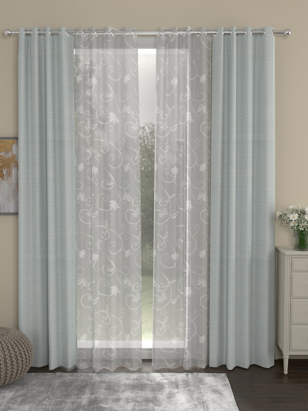 

ROSARA HOME Grey & White Set of 4 Long Door Curtains