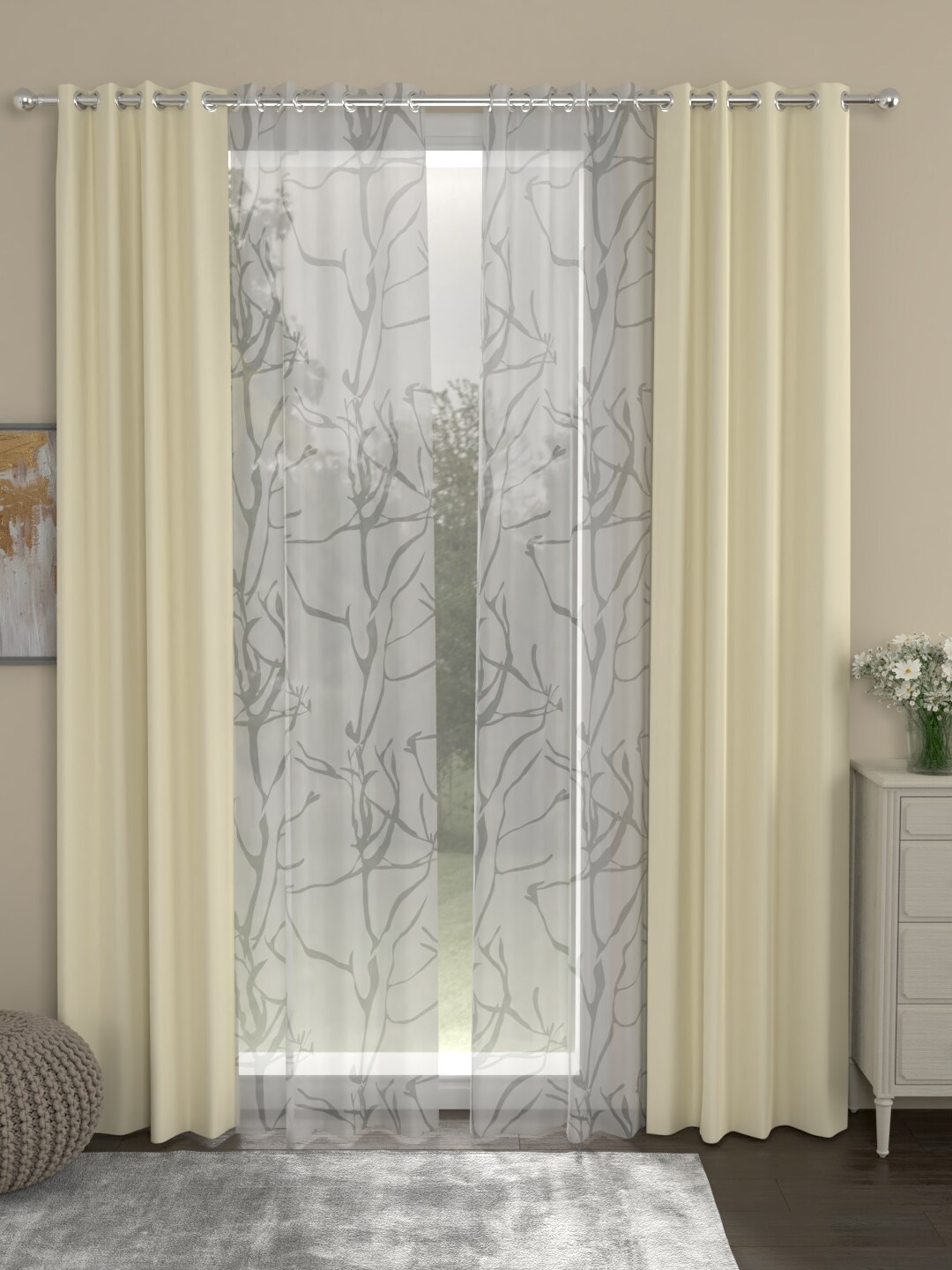 

ROSARA HOME Set Of 4 Cream-Coloured & White Black Out Long Door Curtains