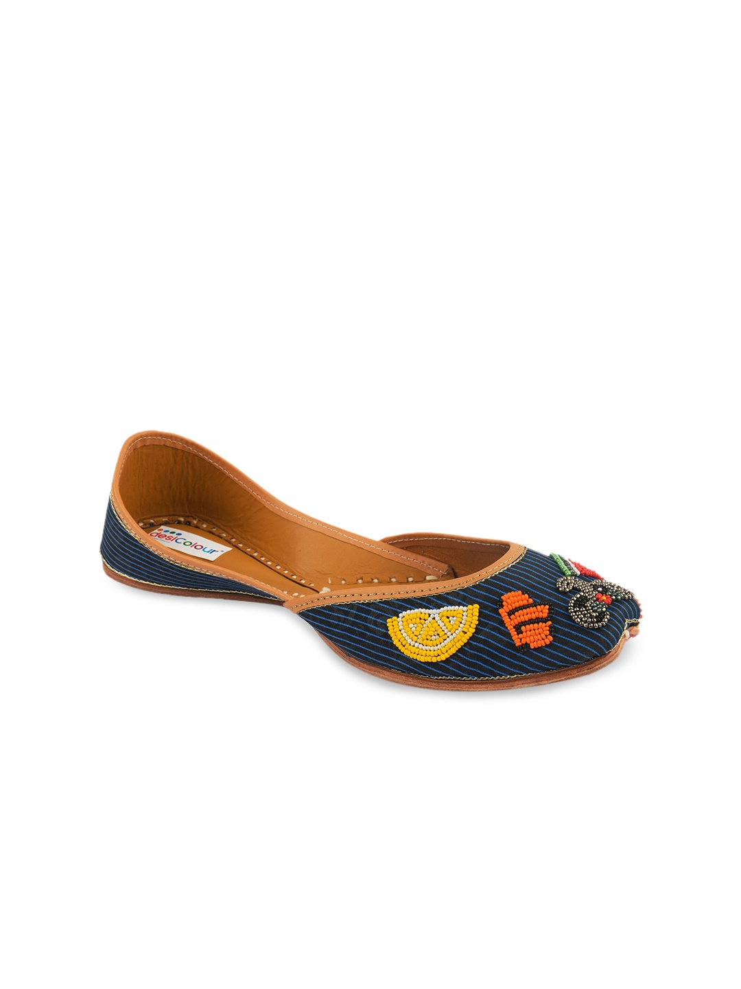 

DESI COLOUR Women Blue & Orange Woven Design Embellished Leather Mojaris