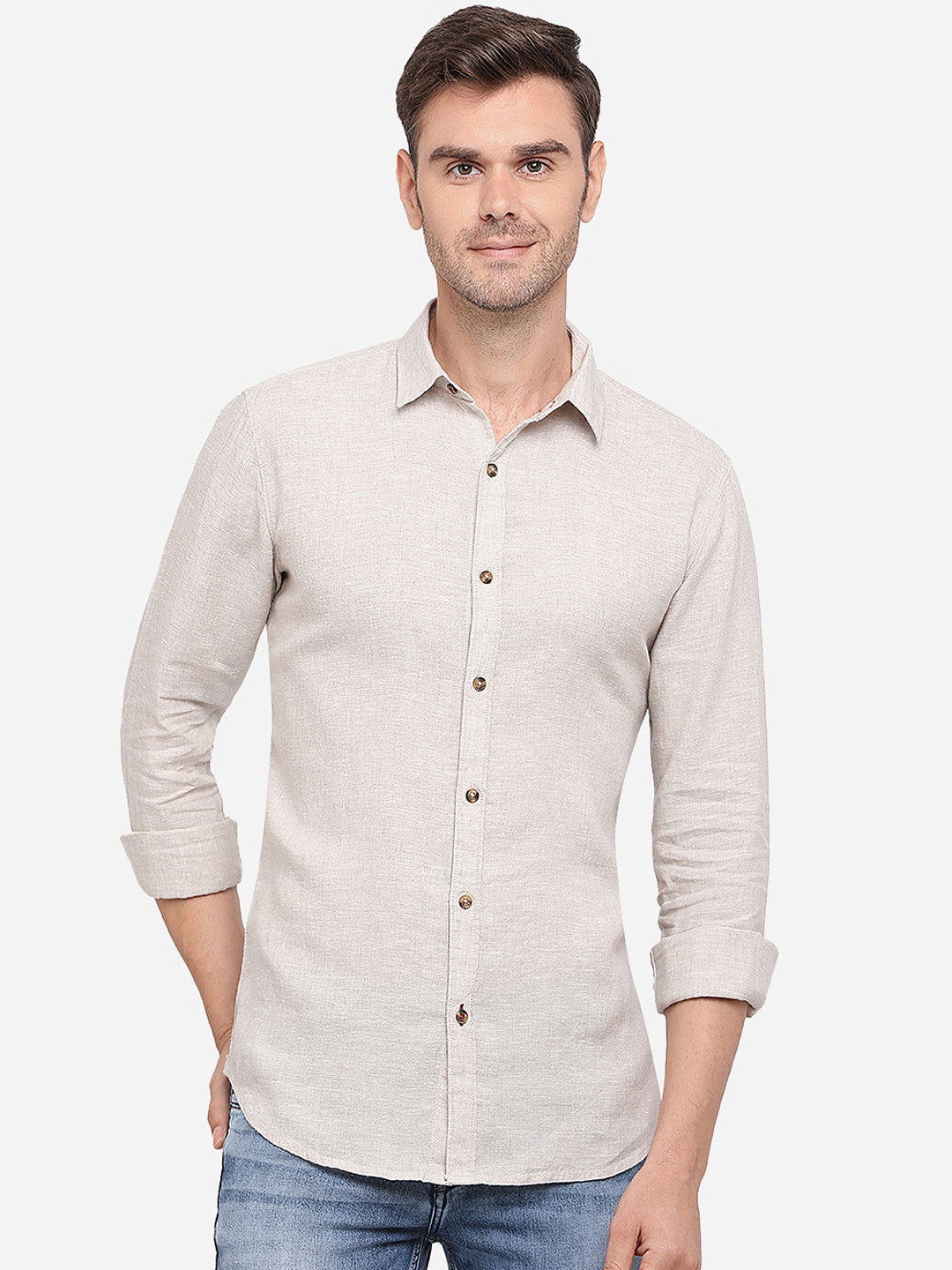

JADE BLUE Men Off-White Slim Fit Solid Pure Cotton Casual Shirt