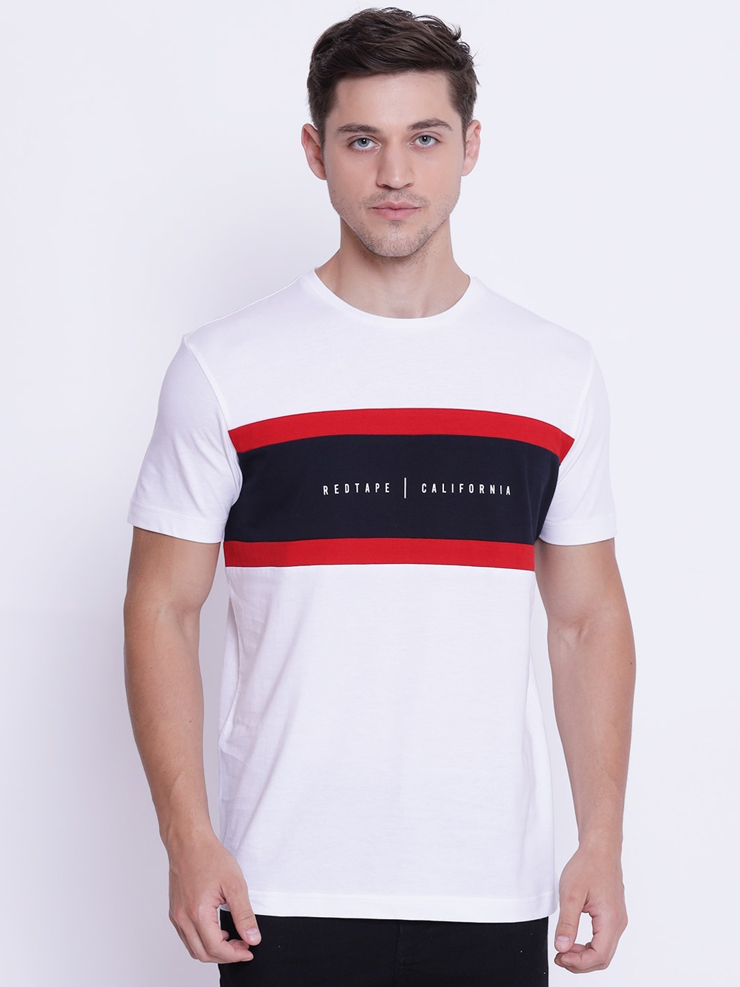 

Red Tape Men White & Black Striped Round Neck Cotton T-shirt