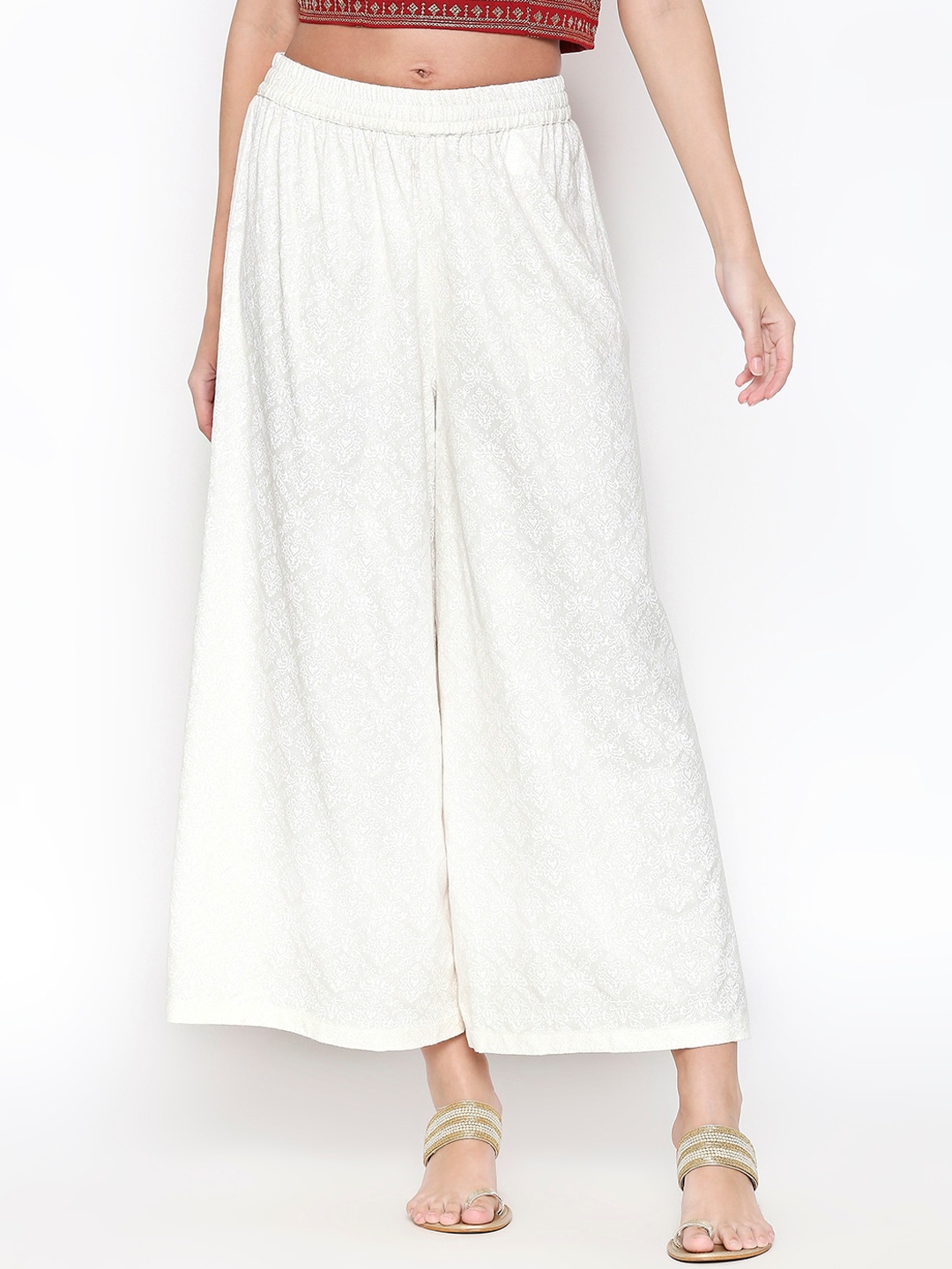 

RANGMANCH BY PANTALOONS Women Off-White Printed Flared Palazzos