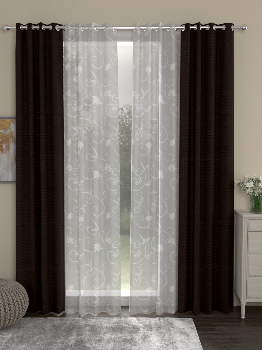 

ROSARA HOME Brown & White Set of 4 Door Curtains