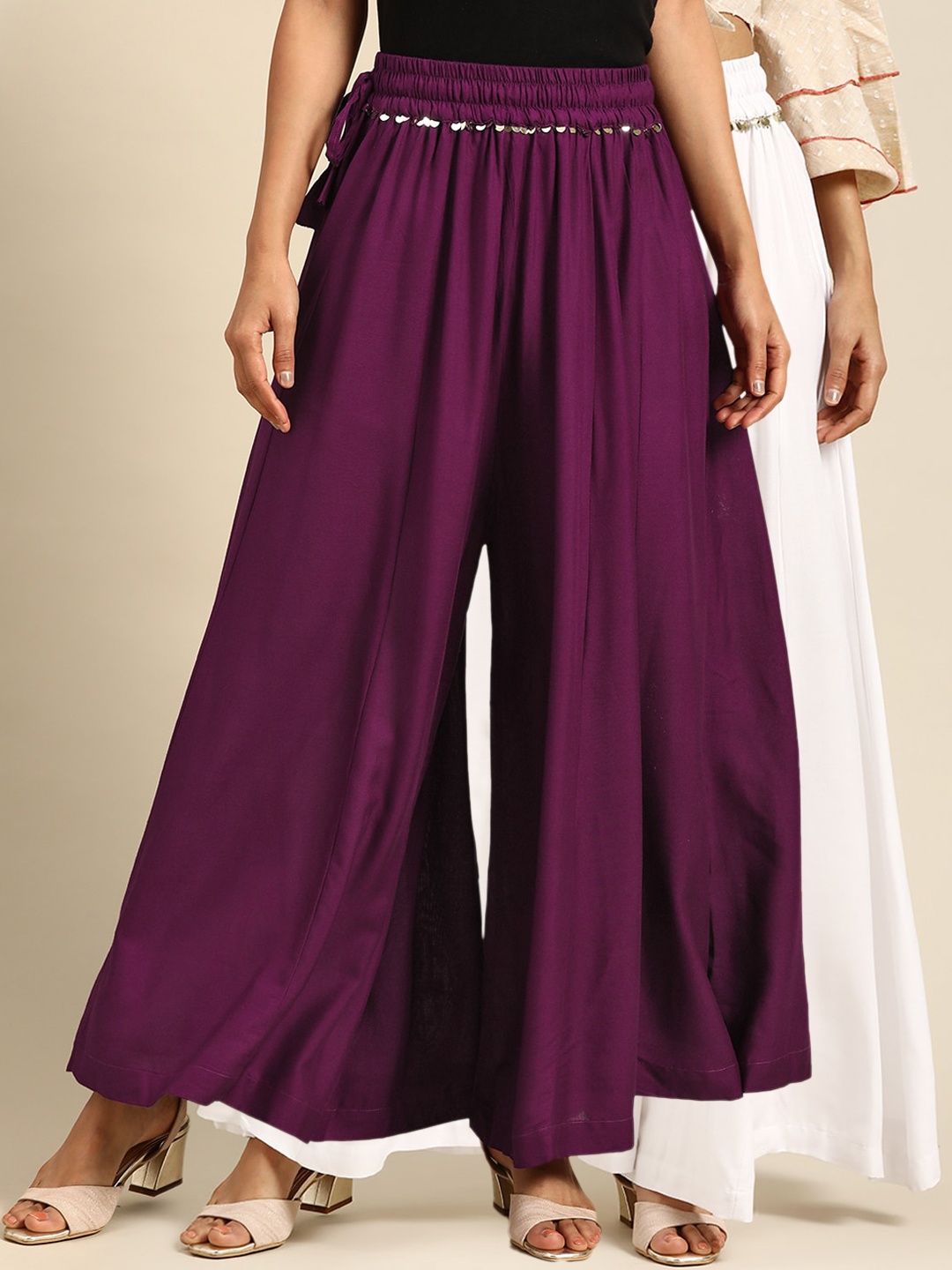 

TAG 7 Women White & Purple Solid Flared Palazzos