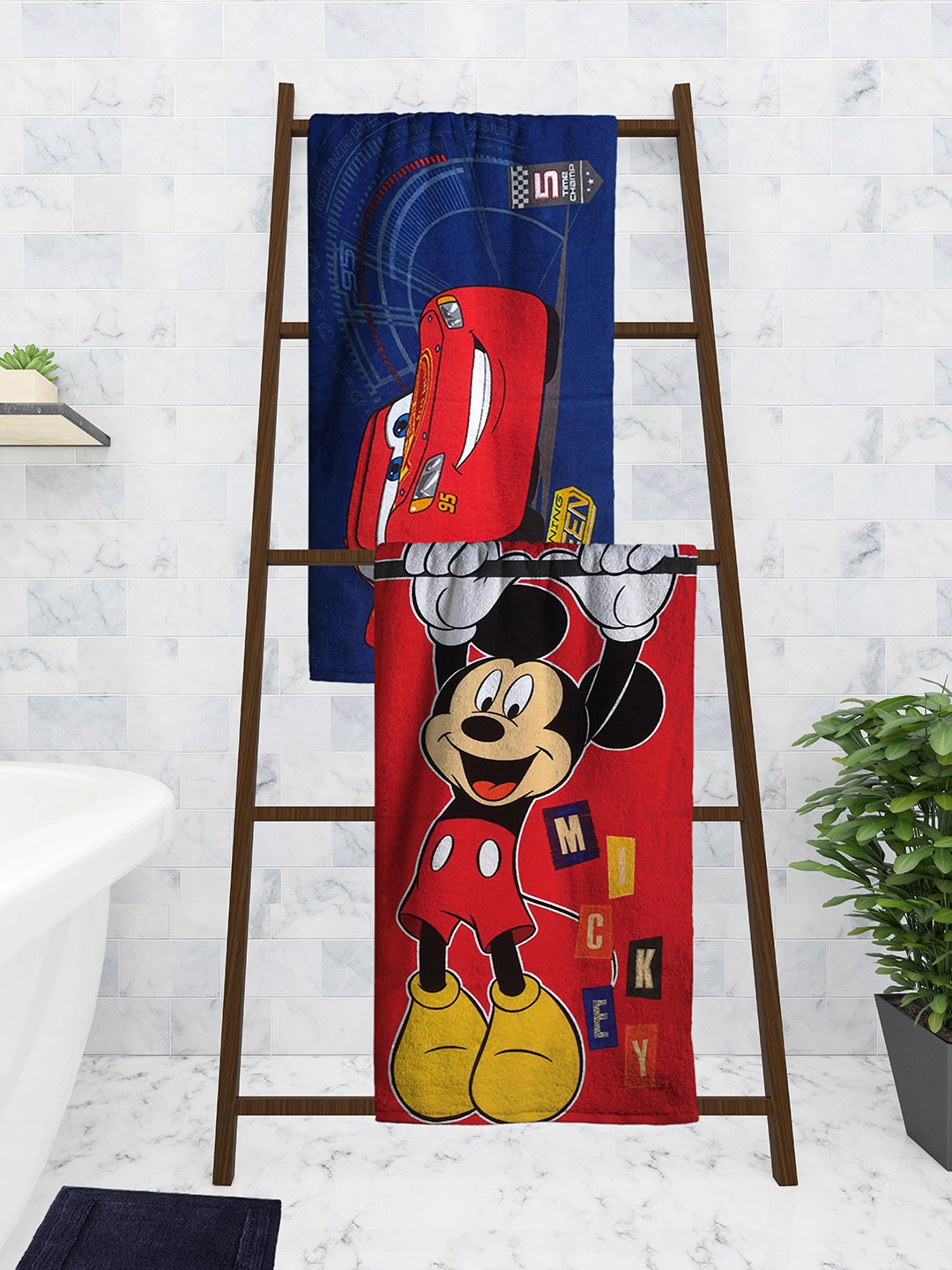

Athom Trendz Disney Kids Set Of 2 Printed 350 GSM Bath Towels, Navy blue