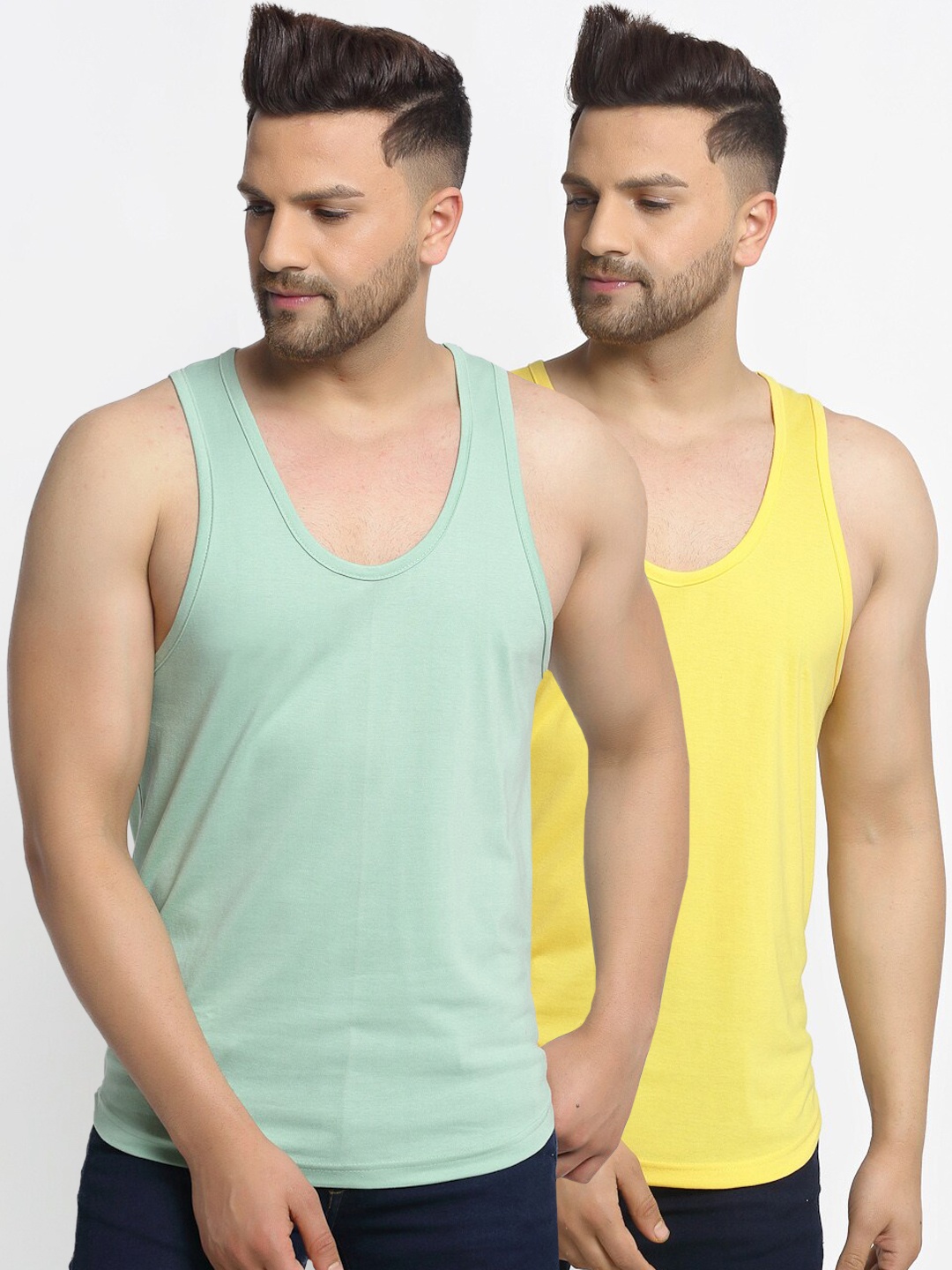 

Friskers Men Pack Of 2 Solid Gym Cotton Vests, Yellow