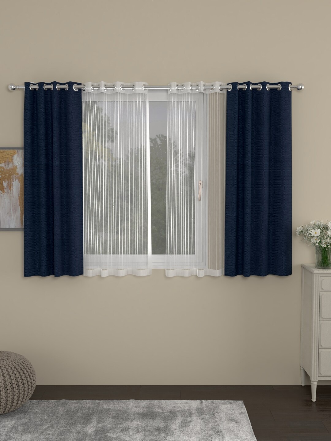 ROSARA HOME Set Of 4 Navy Blue & White Window Curtains