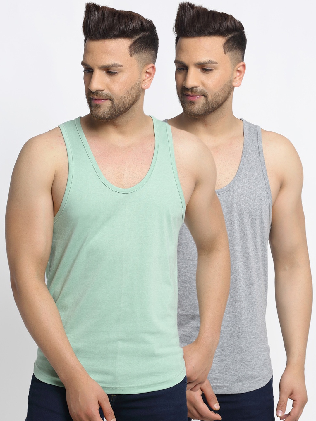 Friskers Men Pack Of 2 Solid Cotton Gym Vests, Grey