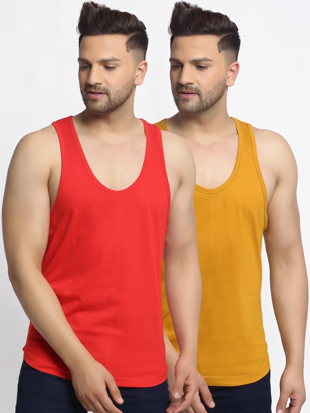 

Friskers Men Pack Of 2 Red and Mustard Solid Cotton Gym Vests