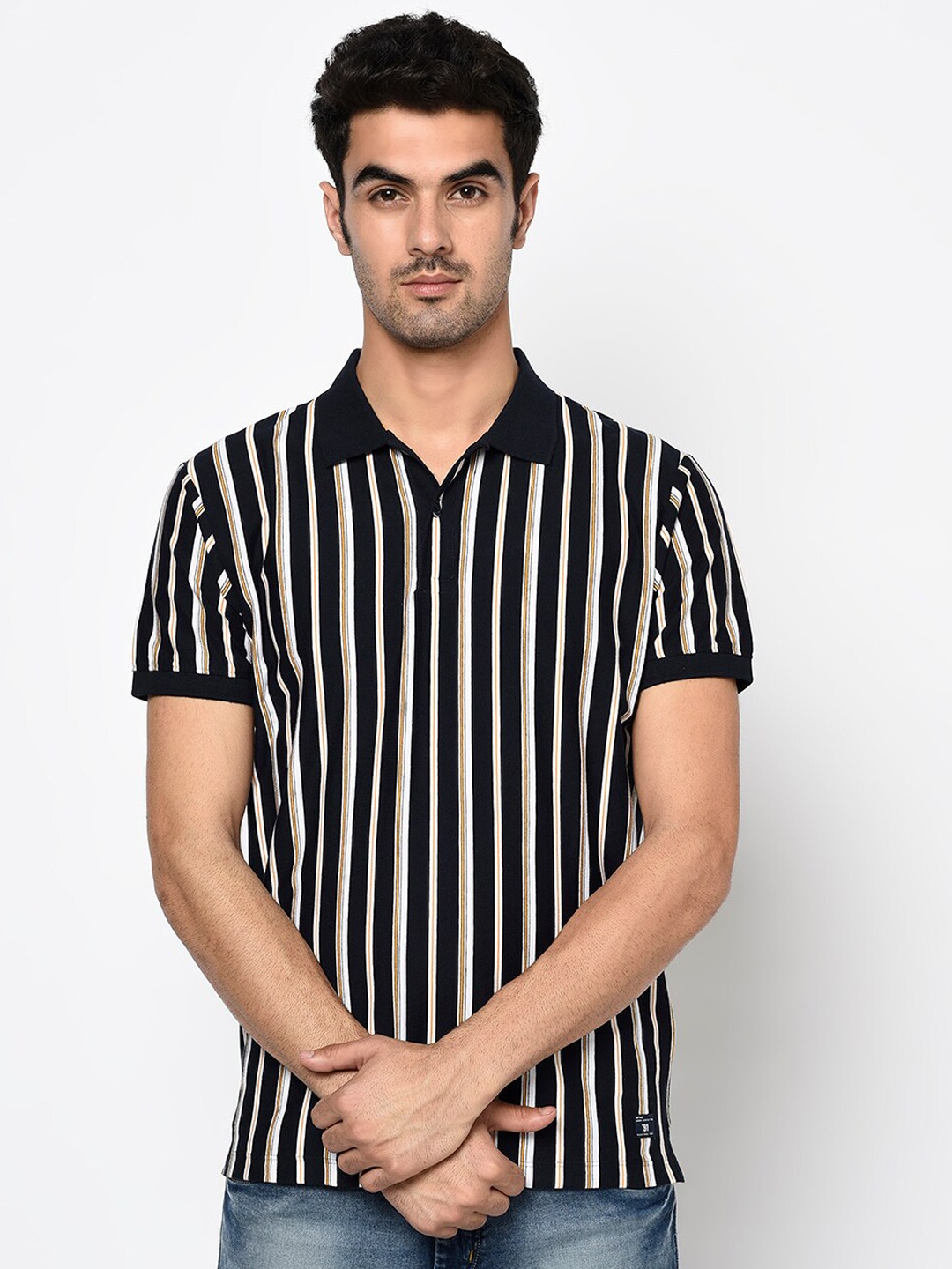 

Octave Men Navy Blue & White Striped Polo Collar Cotton T-shirt