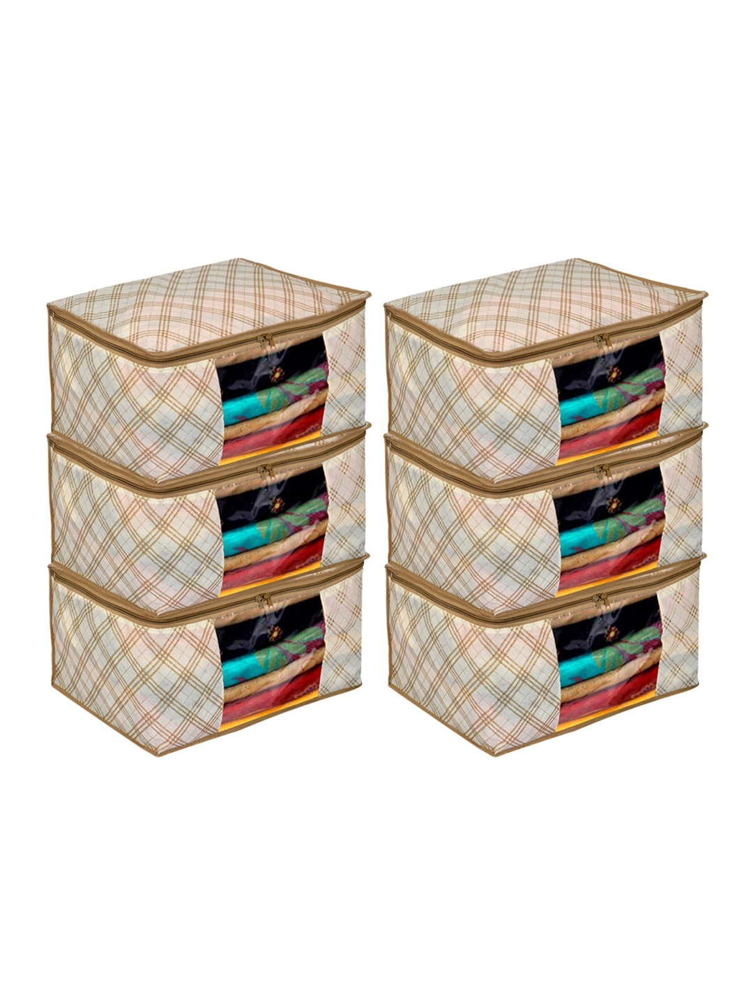 

Kuber Industries Set Of 6 Beige & Brown Checked Wardrobe Organizers