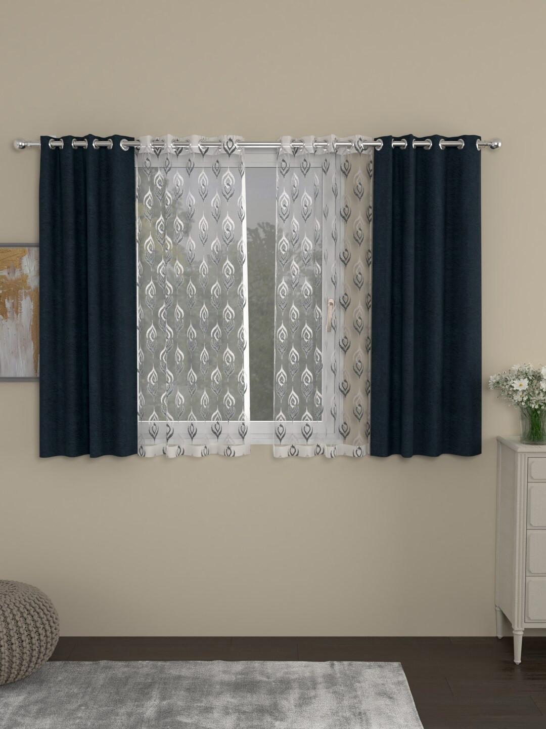 

ROSARA HOME Navy Blue & Grey Set of 4 Room Darkening Window Curtains