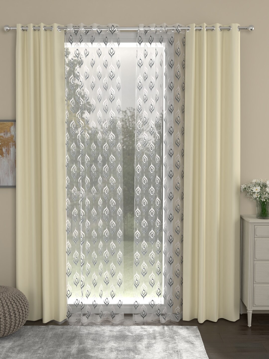 

ROSARA HOME Cream-Coloured & White Set of 4 Black Out Door Curtains