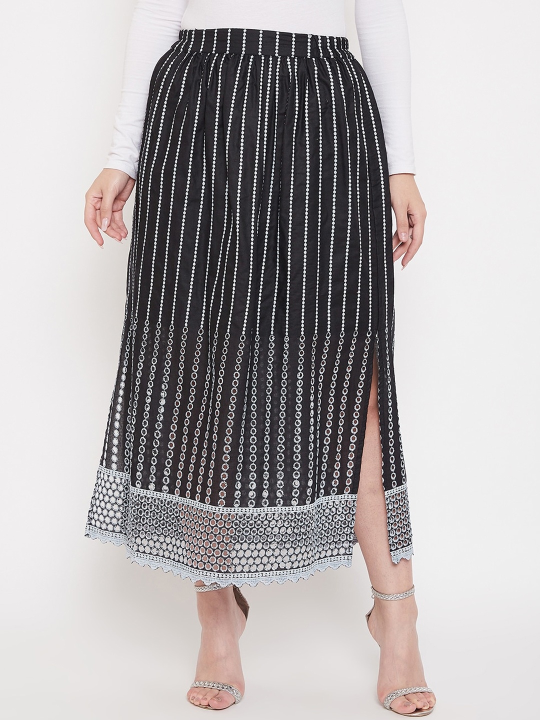 

Ruhaans Women Black & White Embroidered Pure Cotton A-Line Maxi Skirt