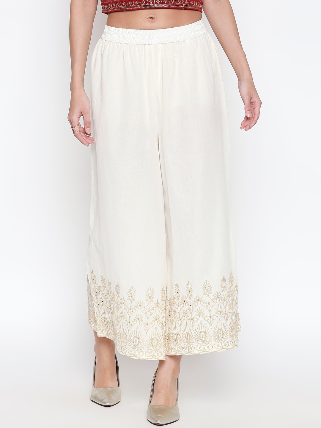 

RANGMANCH BY PANTALOONS Women Off-White & Gold-Toned Hem Design Straight Palazzos
