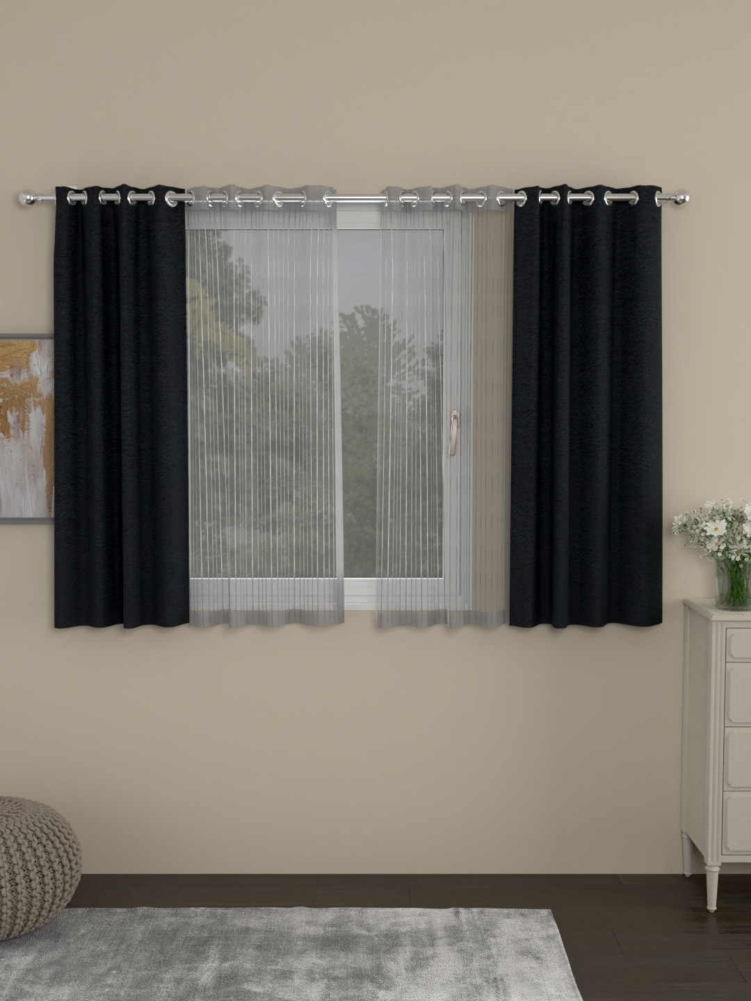 

ROSARA HOME Black & Grey Set of 4 Regular & Sheer Velvet Window Curtains