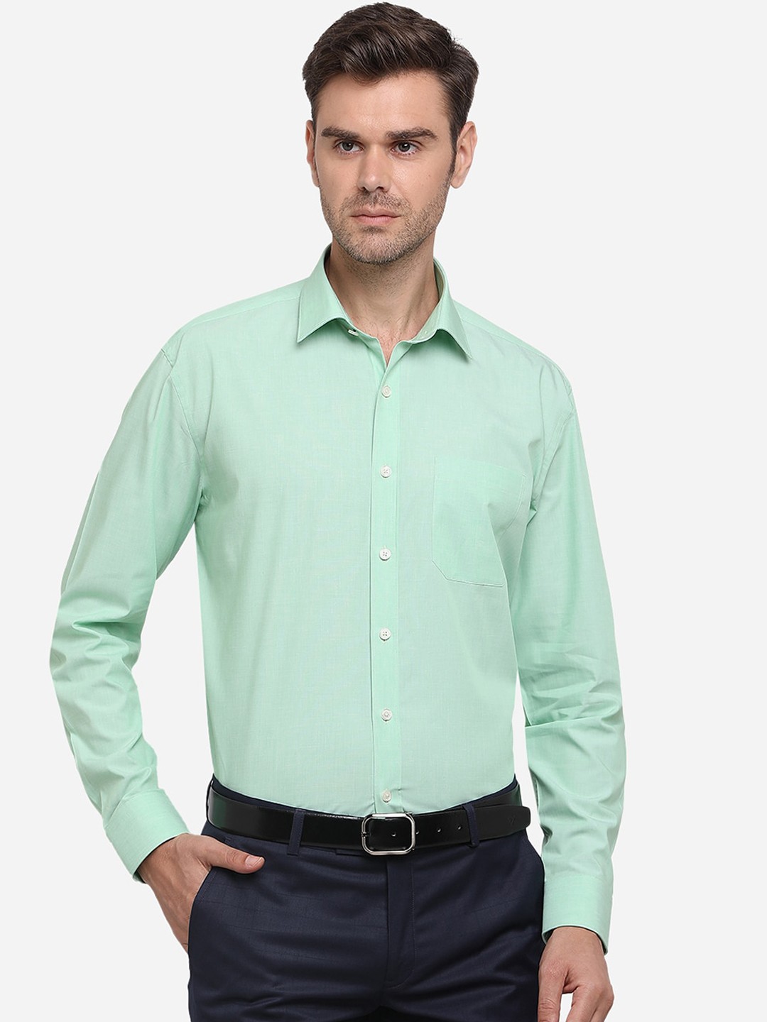 

JADE BLUE Men Green Regular Fit Solid Semiformal Cotton Shirt