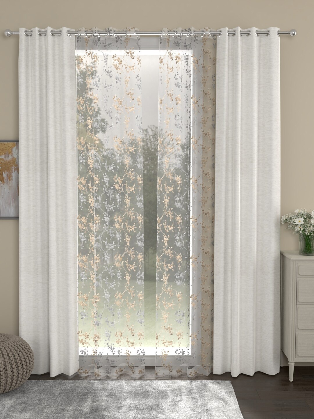 

ROSARA HOME Cream-Coloured & Transparent Set of 4 Long Door Curtains