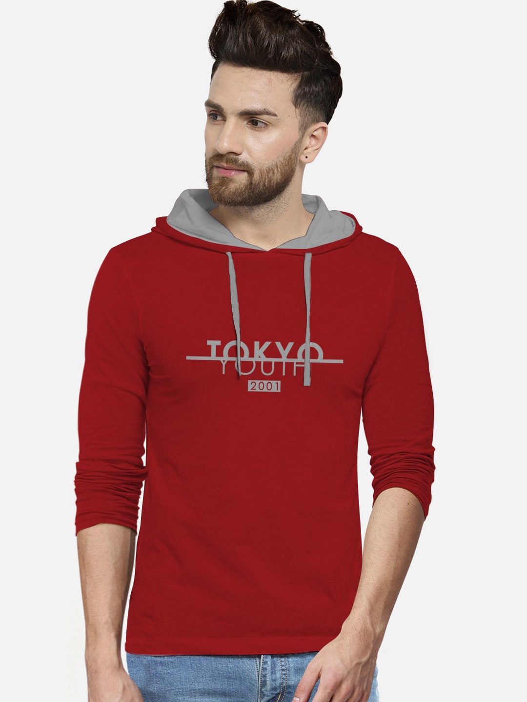 BULLMER Men Red Printed Cotton Hood Pure Cotton T-shirt