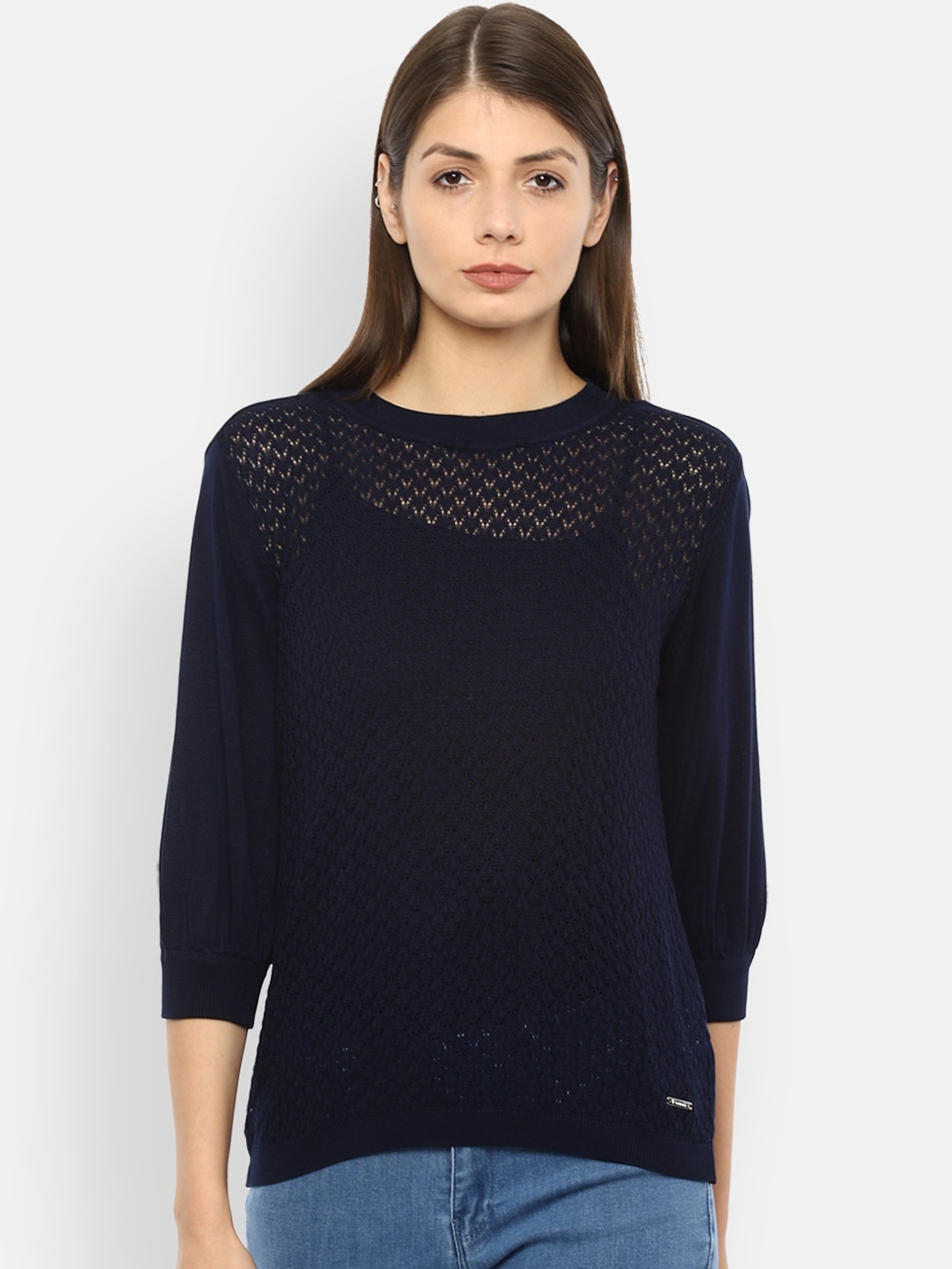 

Van Heusen Woman Navy Blue Self Design Semi-Sheer Regular Top